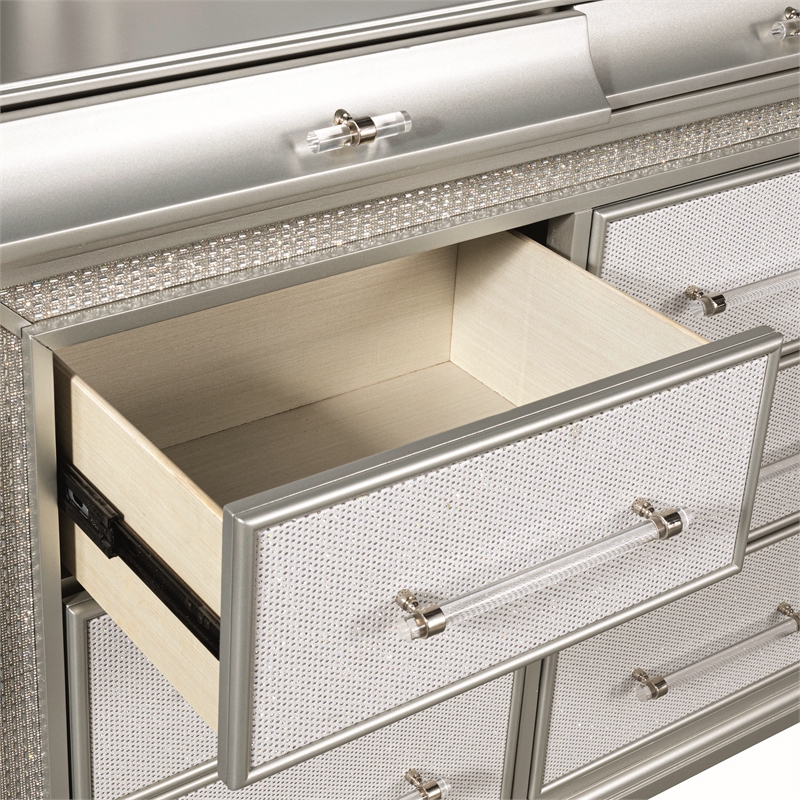 Furniture of America Gala Solid Wood LED 12-Drawer Dresser in Silver