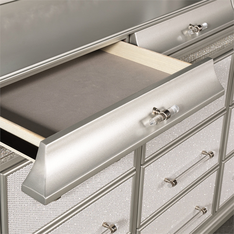 Furniture of America Gala Solid Wood LED 12-Drawer Dresser in Silver