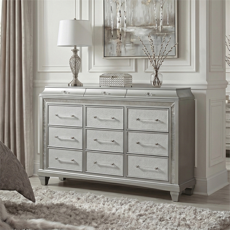 Furniture of America Gala Solid Wood LED 12-Drawer Dresser in Silver