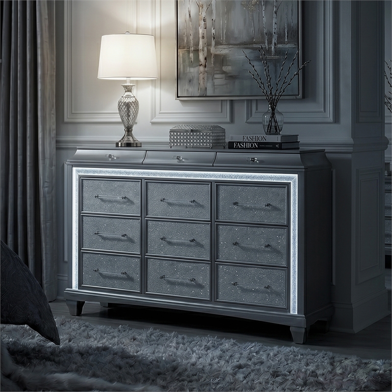 Furniture of America Gala Solid Wood LED 12-Drawer Dresser in Silver