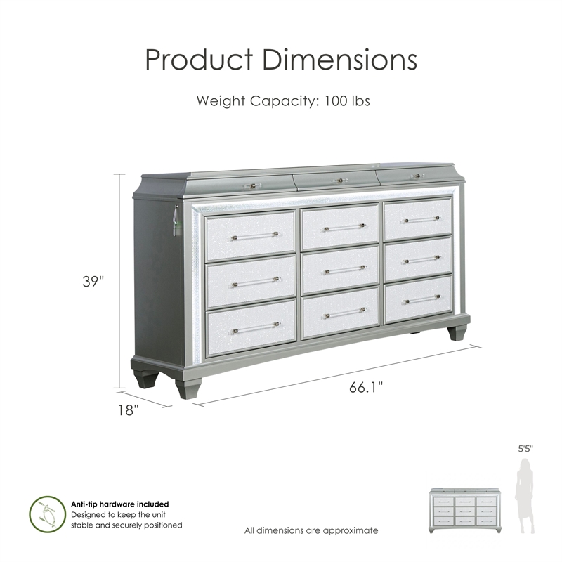 Furniture of America Gala Solid Wood LED 12-Drawer Dresser in Silver