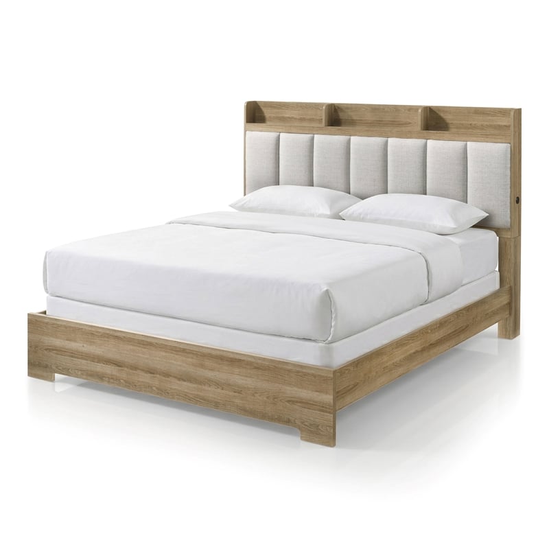 Furniture of America Valio Wood Queen Bed in Oak with Channeled Upholstered