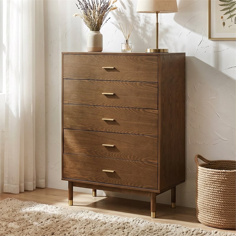 Furniture of America Korva Solid Wood 5-Drawer Chest in Walnut