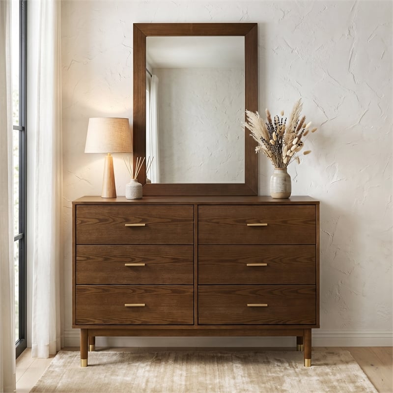 Furniture of America Korva Solid Wood 2-Piece Dresser and Mirror Set in Walnut