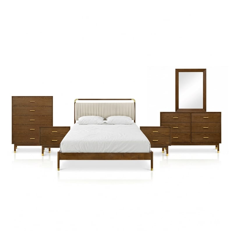 Furniture of America Korva Solid Wood King 6-Piece Bedroom Set in Walnut
