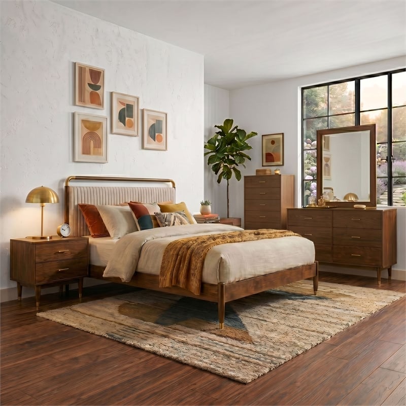 Furniture of America Korva Solid Wood Queen 6-Piece Bedroom Set in Walnut