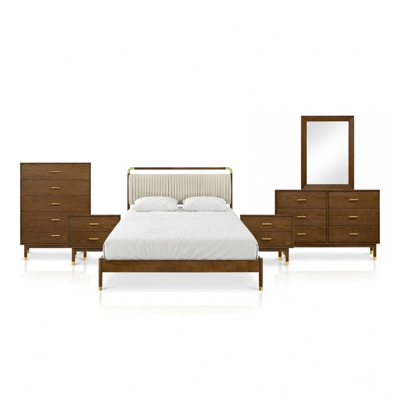 Furniture of America Korva Solid Wood Twin 6-Piece Bedroom Set in Walnut