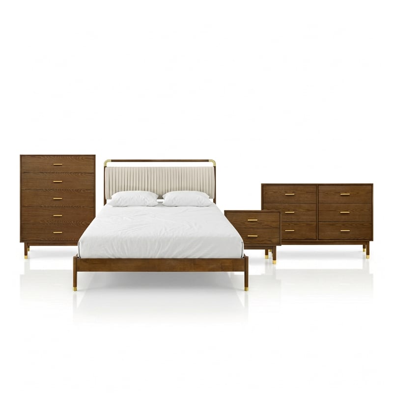 Furniture of America Korva Solid Wood Full 4-Piece Bedroom Set in Walnut