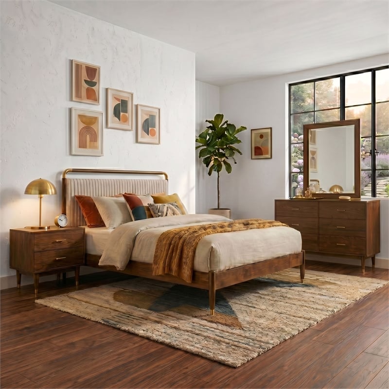 Furniture of America Korva Solid Wood King 5-Piece Bedroom Set in Walnut