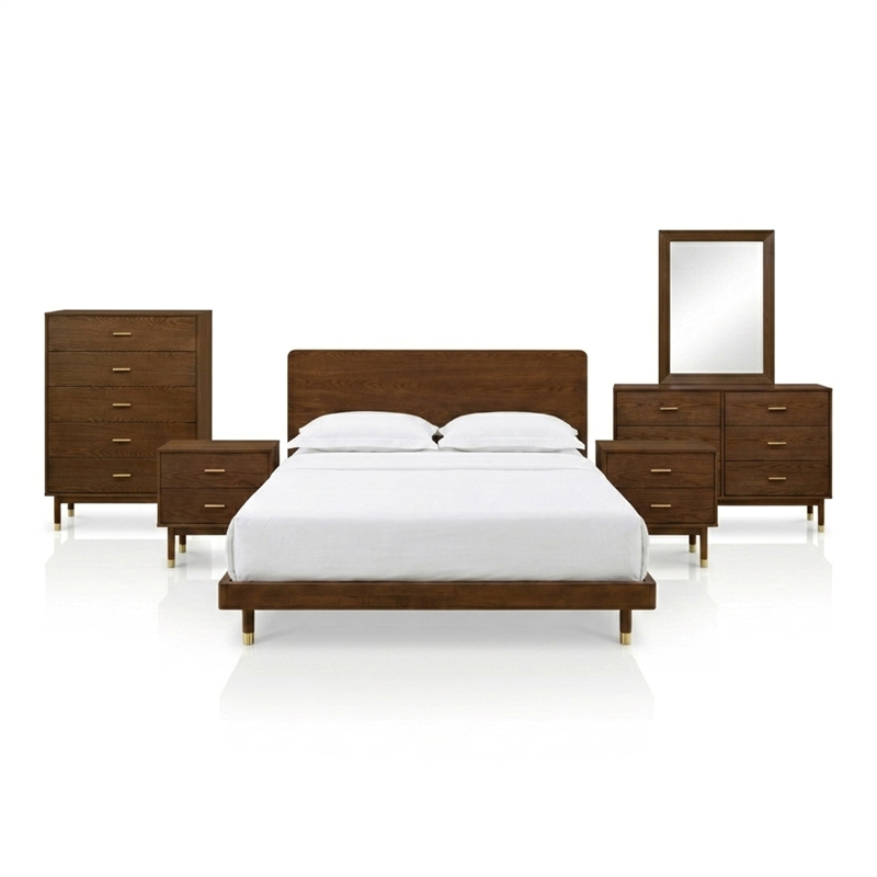 Furniture of America Korva Solid Wood Queen 6-Piece Bedroom Set in Walnut