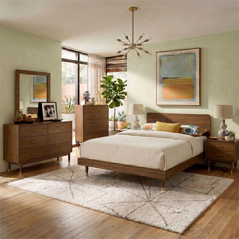 Furniture of America Korva Solid Wood Queen 6-Piece Bedroom Set in Walnut