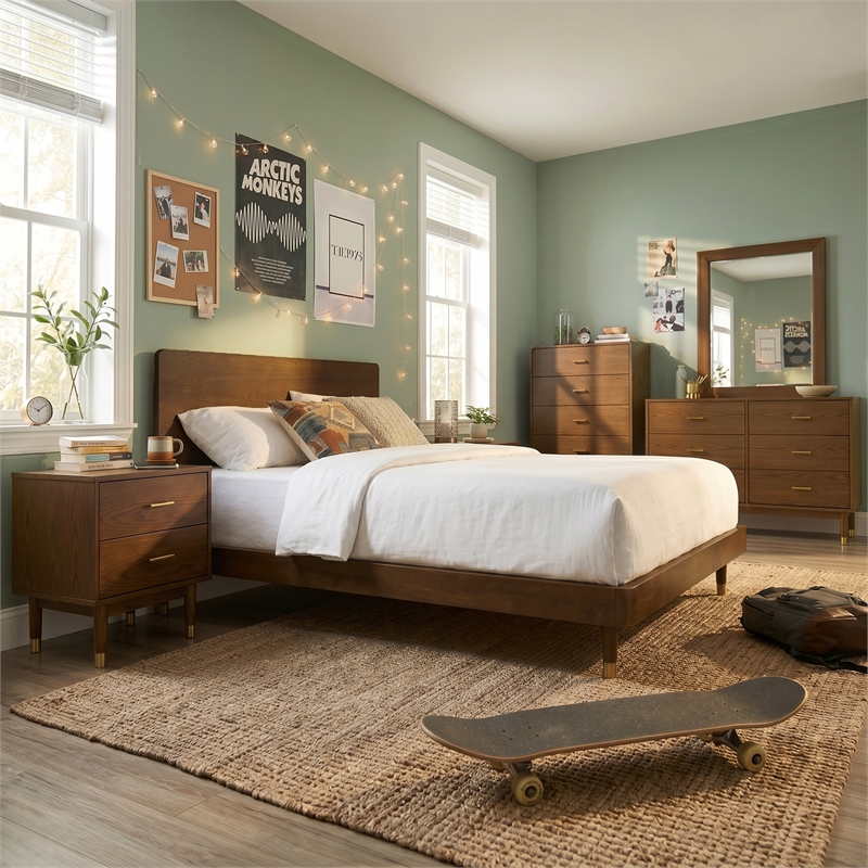 Furniture of America Korva Solid Wood Twin 6-Piece Bedroom Set in Walnut
