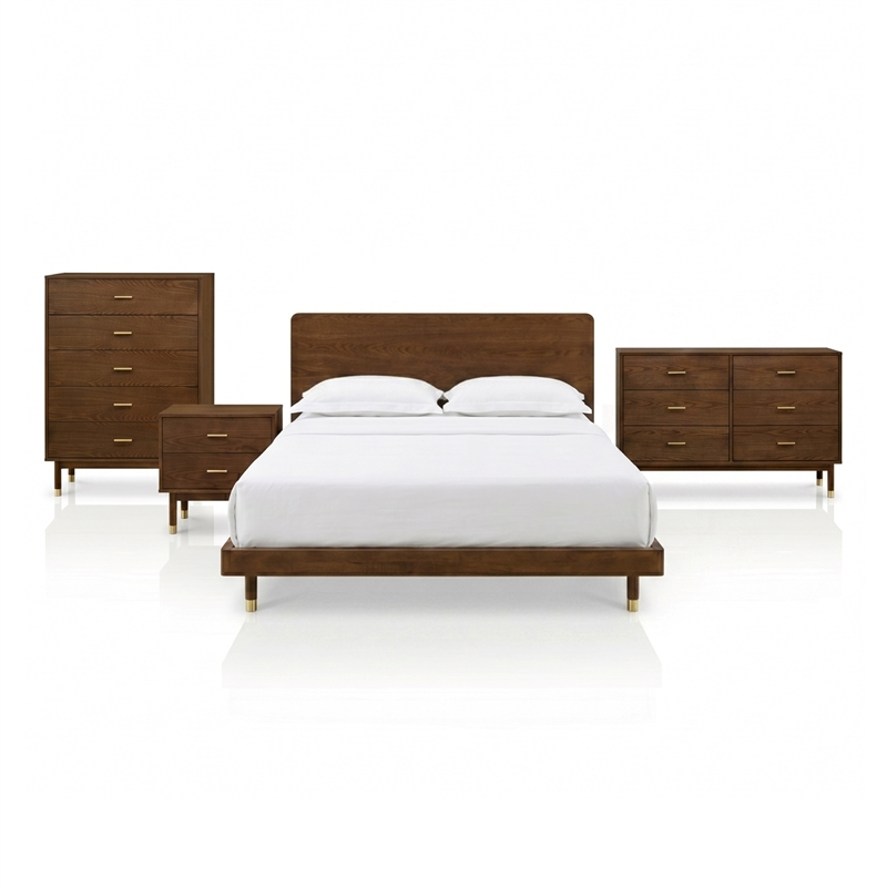 Furniture of America Korva Solid Wood Queen 4-Piece Bedroom Set in Walnut