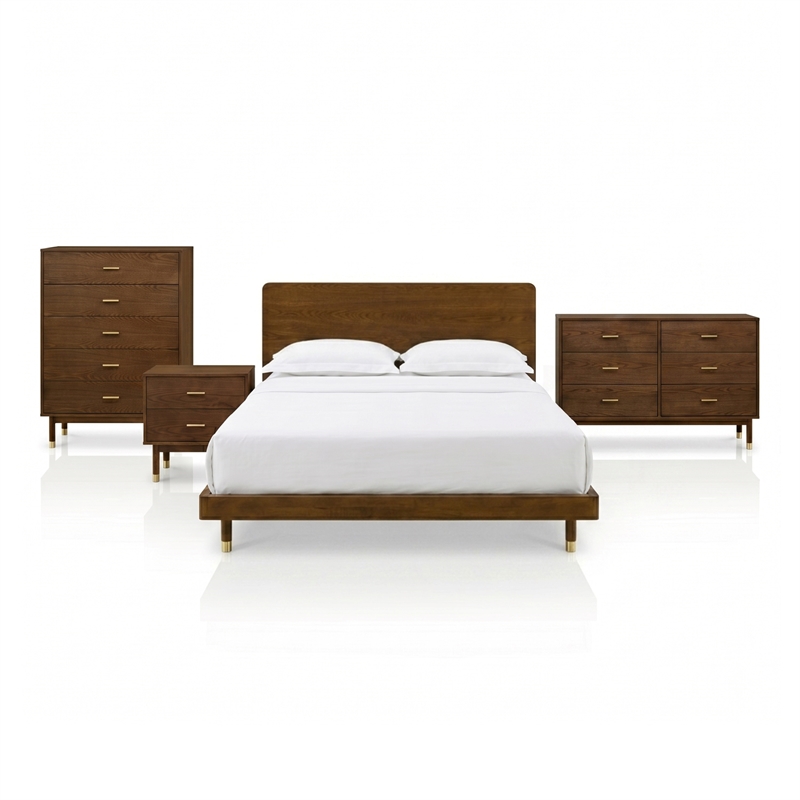 Furniture of America Korva Solid Wood Twin 4-Piece Bedroom Set in Walnut