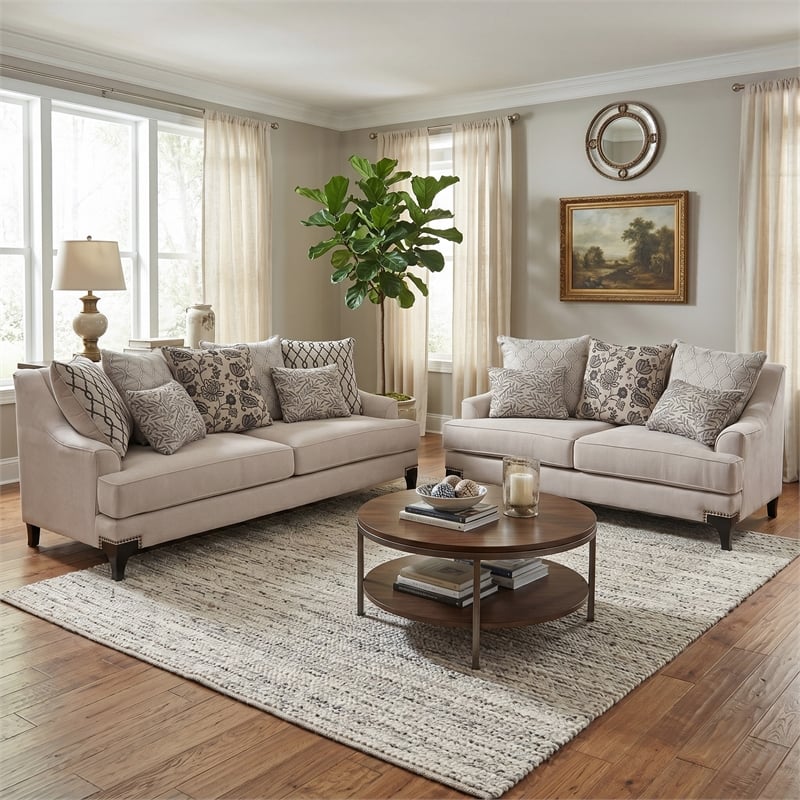 Furniture of America Charlette Nailhead Fabric 2-Piece Sofa Set in Brown