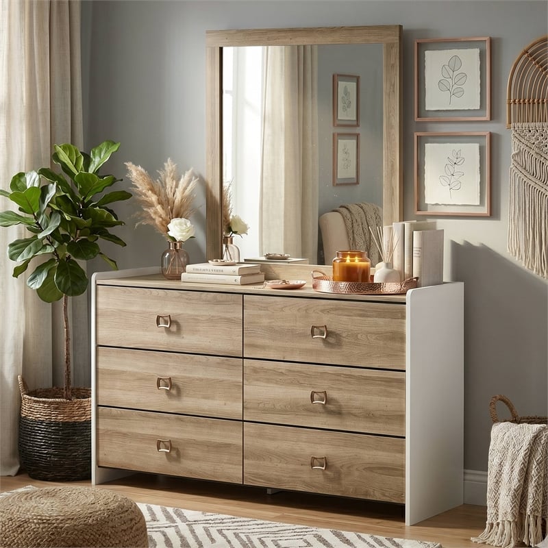 Furniture of America Valio Wood 2-Piece Dresser and Mirror Set in Oak