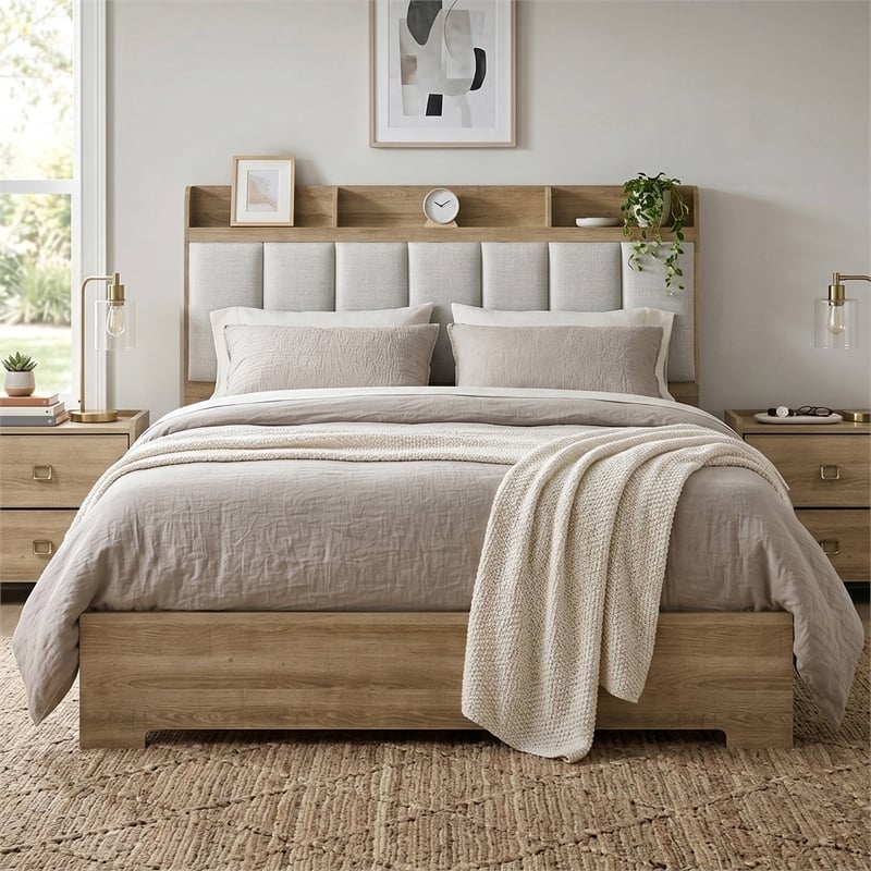 Furniture of America Valio Wood King Bed in Oak with Channeled Upholstered