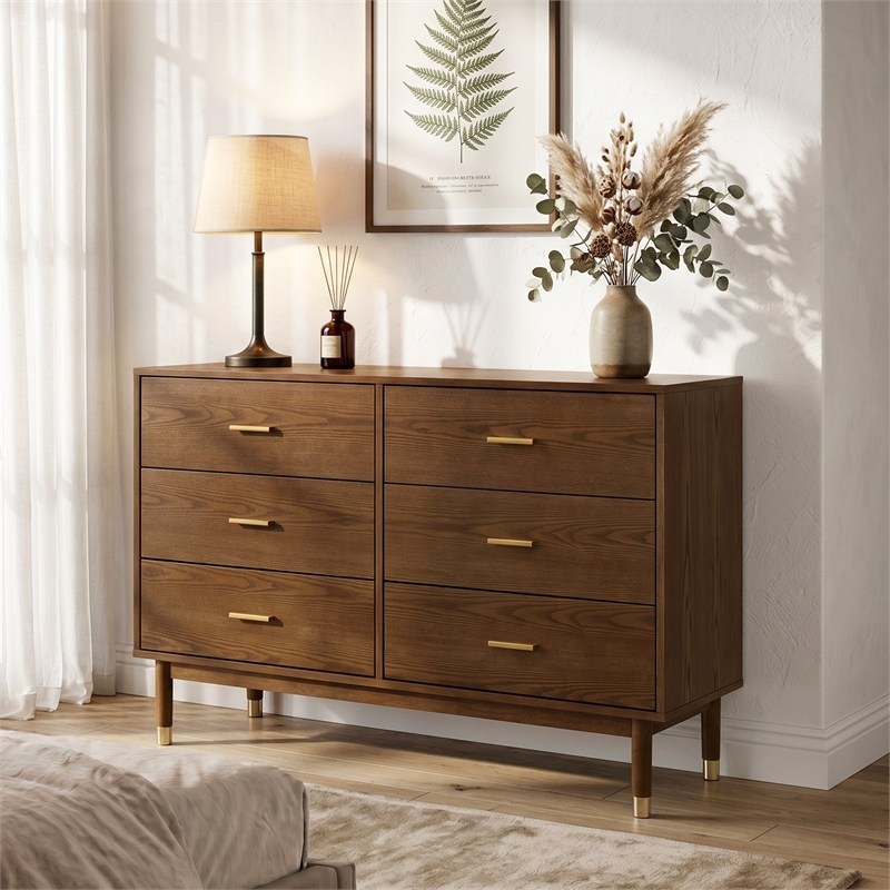 Furniture of America Korva Solid Wood 6-Drawer Dresser in Walnut