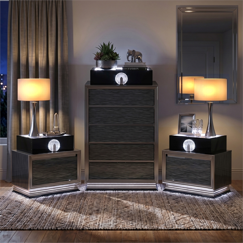 Furniture of America Elvor Solid Wood 3-Piece Nightstand and Chest Set in Gray
