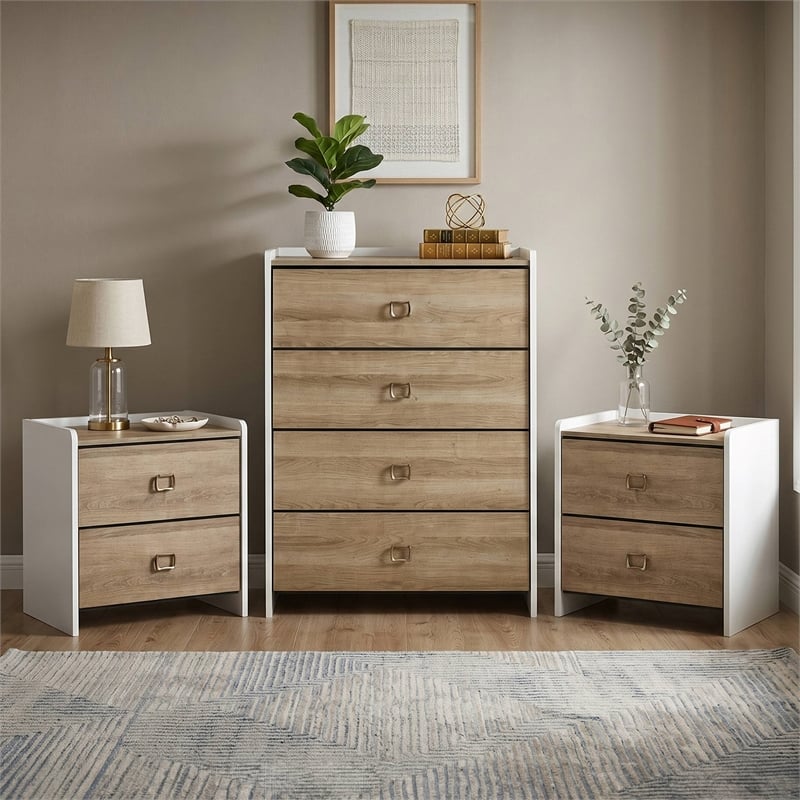 Furniture of America Valio Wood 3-Piece Nightstand and Chest Set in Oak