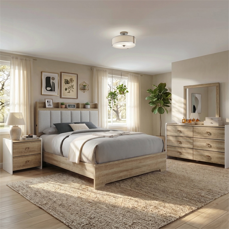 Furniture of America Valio Wood Queen 4-Piece Bedroom Set in Oak