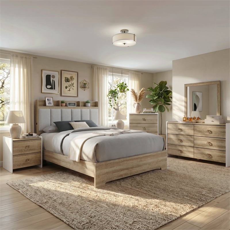 Furniture of America Valio Wood King 6-Piece Bedroom Set in Oak