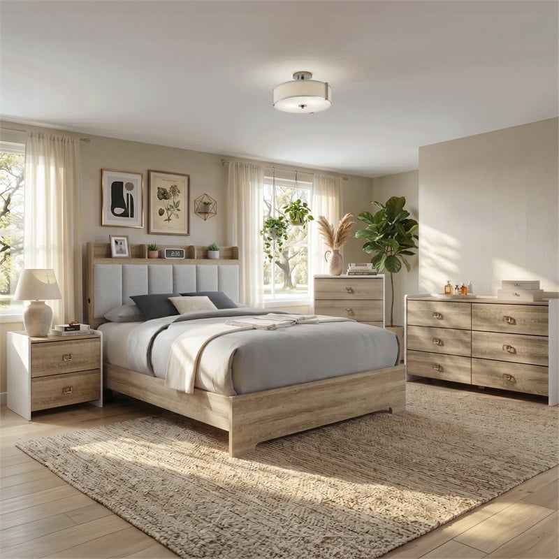 Furniture of America Valio Wood Queen 4-Piece Bedroom Set in Oak