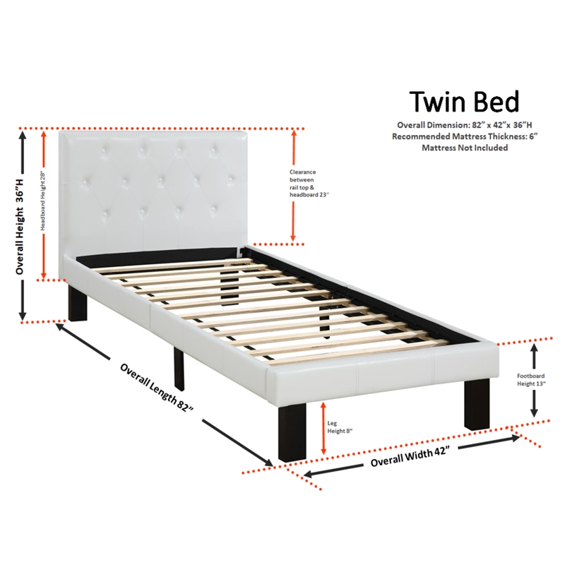 Trent Home Faux Leather White Bed Frame Twin Rectangular Button Tufted 43