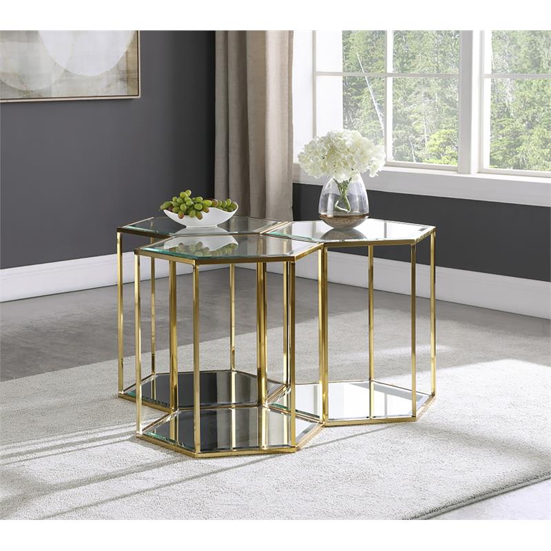Trent Home 3-Piece Modular Stainless Steel/Glass End Table in Brushed Gold