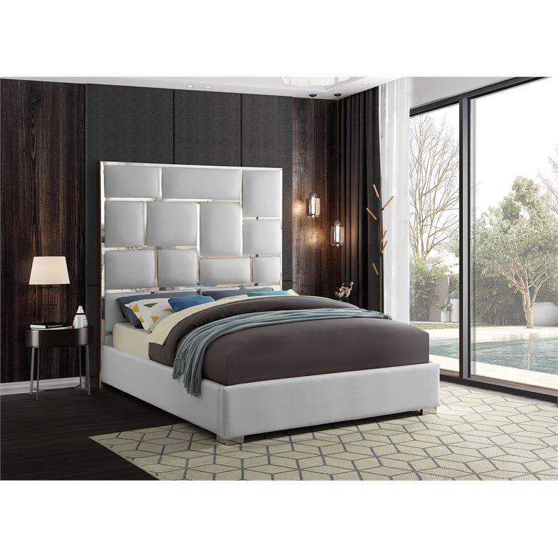 Trent Home Contemporary Solid Wood and Faux Leather Queen Bed in White