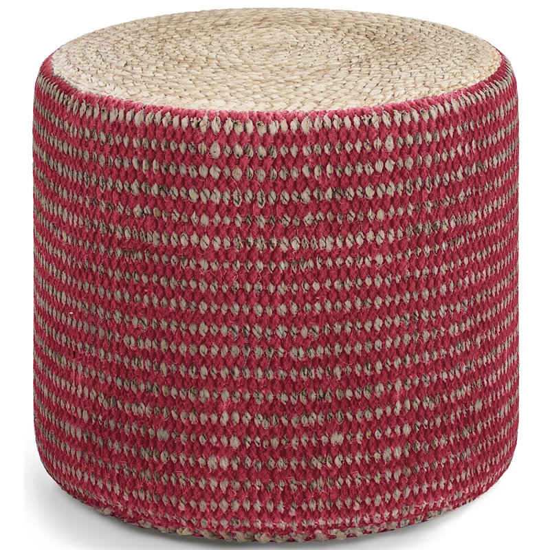 Trent Home Boho Round Braided Pouf in Natural and Maroon Jute