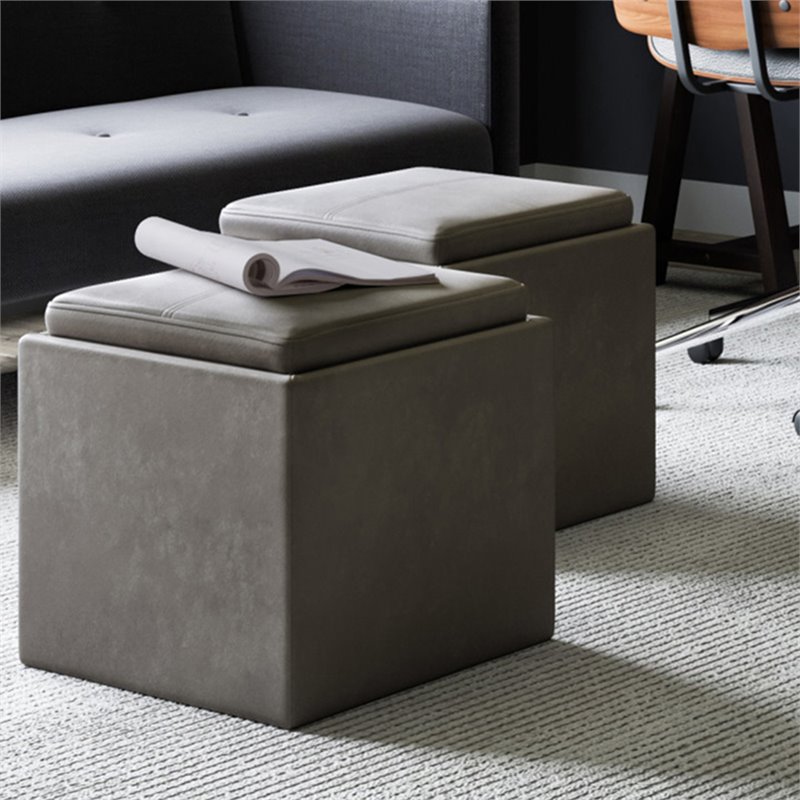 Trent Home Square Faux Leather Storage Ottoman With Tray in Slate Gray
