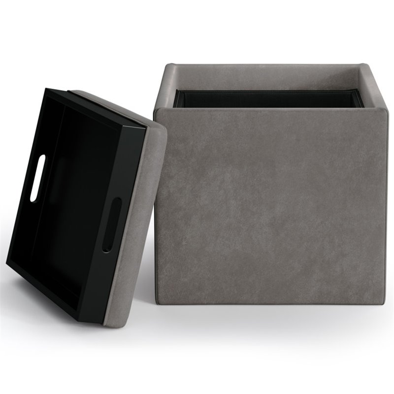 Trent Home Square Faux Leather Storage Ottoman With Tray in Slate Gray