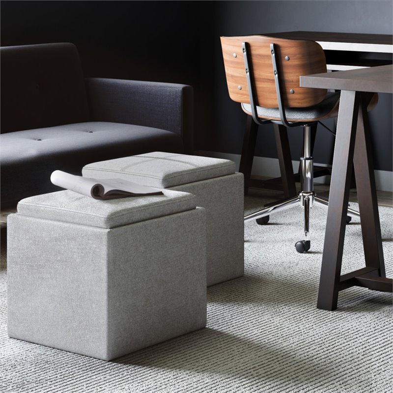 Trent Home Square Linen Fabric Storage Ottoman With Tray in Cloud Gray