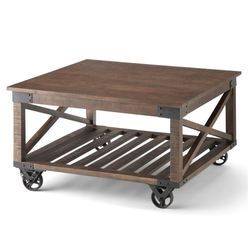 Trent Home Solid Mango Wood Square Coffee Table in Distressed Dark Brown
