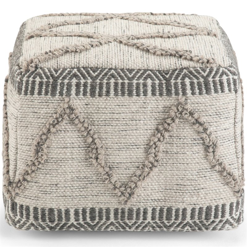Trent Home Boho Square Pouf in Gray and Natural Handloom Woven Pattern