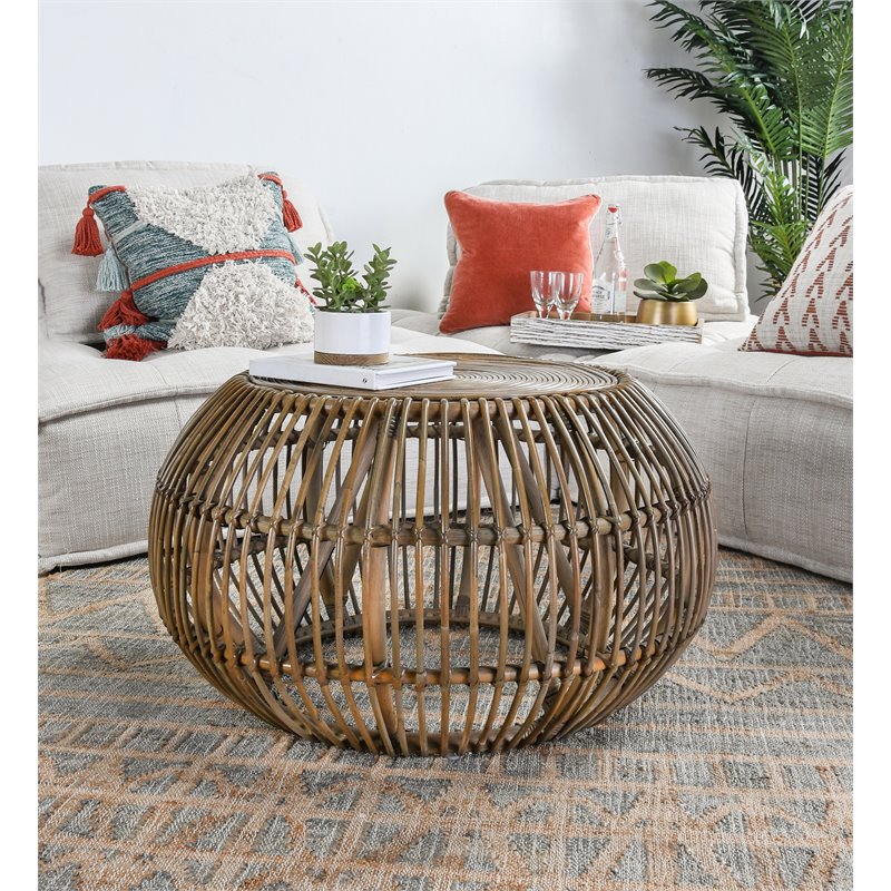Trent Home Wicker Espresso Coffee Table Round Handwoven 31.5