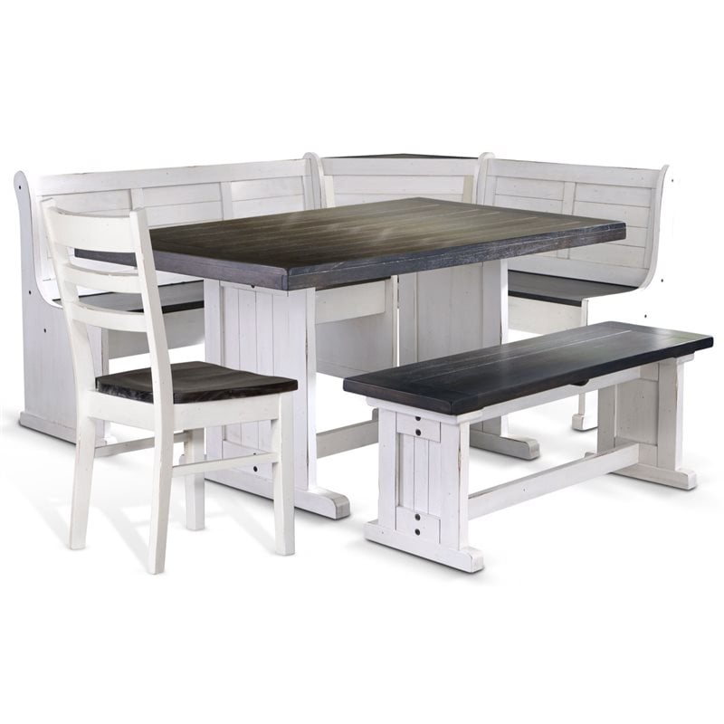 Sunny Designs Bayside Farmhouse 4 Piece Wood Breakfast Nook Set in White/Brown
