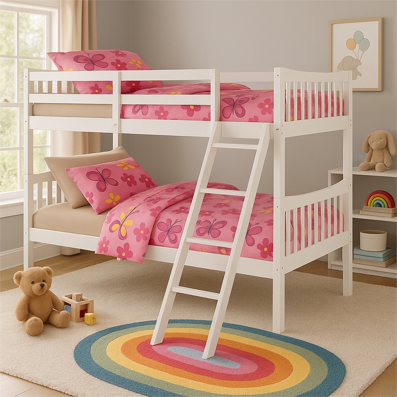 FR Wooden Kids Twin Over Twin Bunk Bed White