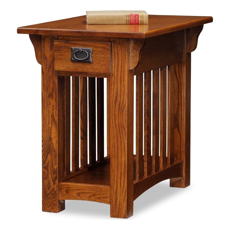 Catania Oak Finish Chairside Table with Storage Drawer and Shelf