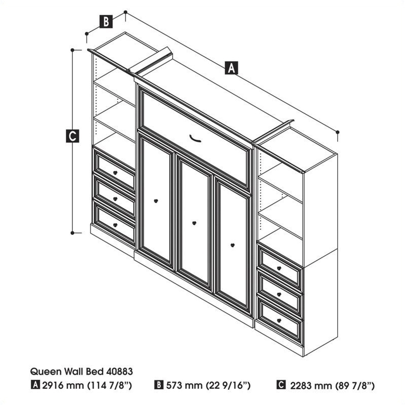 Catania Wood Queen Murphy Bed and 2 Organizers with Drawers in White