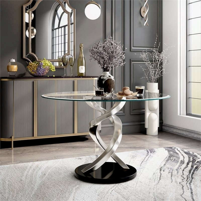 Catania Modern / Contemporary Glass Top Round Dining Table in Silver