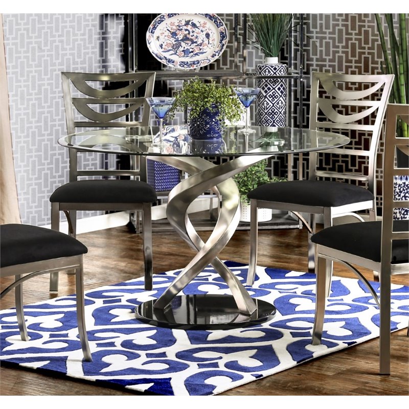 Catania Modern / Contemporary Glass Top Round Dining Table in Silver