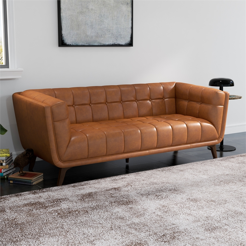 Catania Mid-Century Modern Tufted Genuine Leather Sofa in Cognac Tan