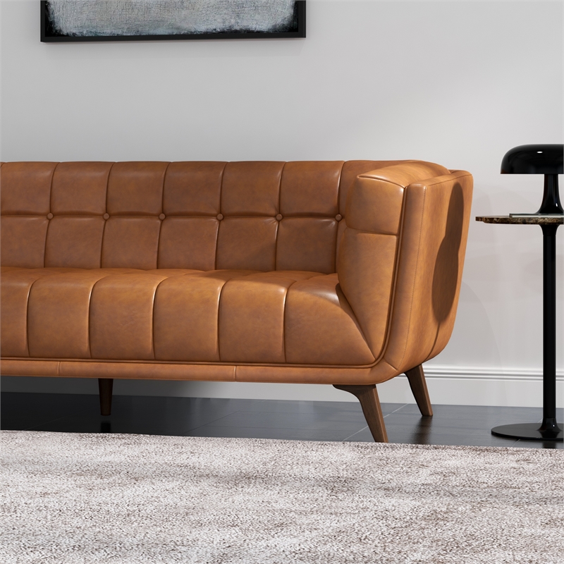 Catania Mid-Century Modern Tufted Genuine Leather Sofa in Cognac Tan