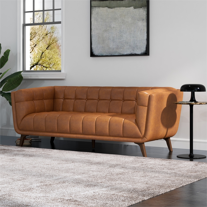 Catania Mid-Century Modern Tufted Genuine Leather Sofa in Cognac Tan