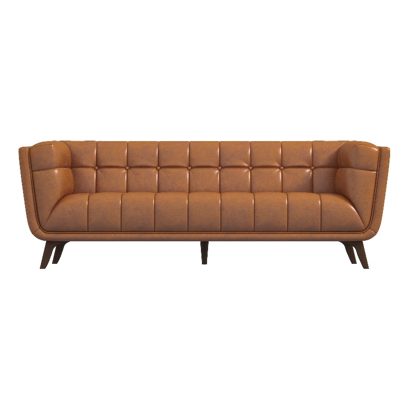 Catania Mid-Century Modern Tufted Genuine Leather Sofa in Cognac Tan
