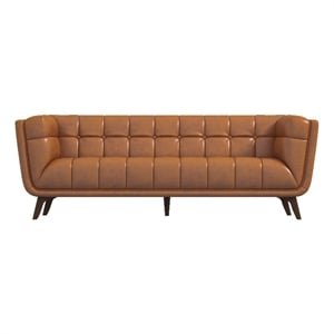 Catania Mid-Century Modern Tufted Genuine Leather Sofa in Cognac Tan