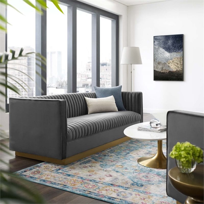 Catania Modern / Contemporary Vertical Channel Tufted Velvet Sofa in Gray