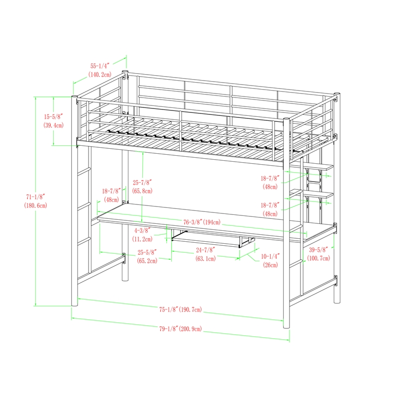 Catania Modern/Contemporary Metal Twin Loft bed with Workstation in Silver